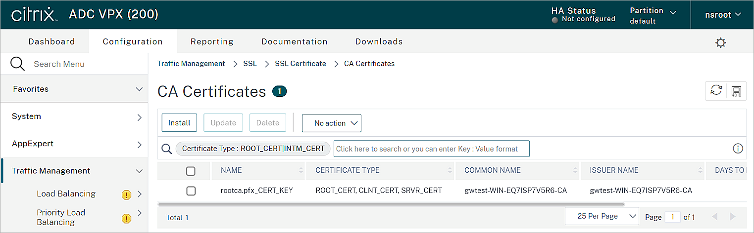 Screen shot of the CA Certificates